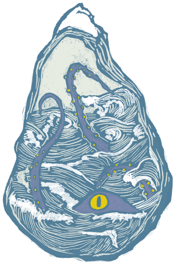 Hand-drawn oyster shell with a kraken eye and tentacles